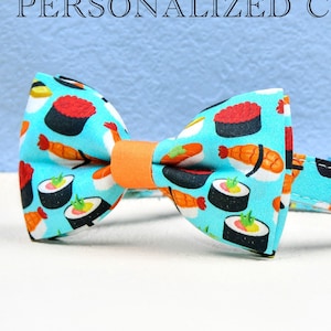 Sushi Katzenhalsband Schleife, personalisierte benutzerdefinierte Sushi Katzenhalsband Fliege, Foodie Katzenhalsband Bowtie, kleines Hundehalsband, Haustier Katze ID, Kätzchenhalsband