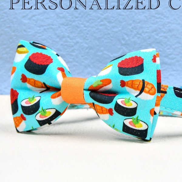 Sushi Cat Collar Bow, Personalized Custom Sushi Cat Collar Bow Tie, Foodie Cat Collar Bowtie, Small Dog Collar, Pet Cat ID, Kitten Collar