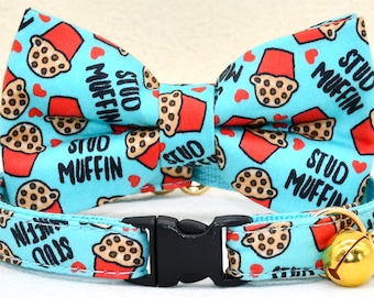Conjunto de lazo para collar de gato con cierre de seguridad, STUD MUFFIN / Azul / Galleta, Pajarita para boda/cumpleaños para collar de gatito/perro pequeño