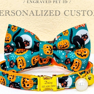 May include: A teal pet collar and bow tie set with a Halloween theme. The collar and bow tie feature a pattern of black cats, jack-o'-lanterns, and white moons. The collar has a gold-colored buckle with engraved text. The bow tie is attached to the collar.