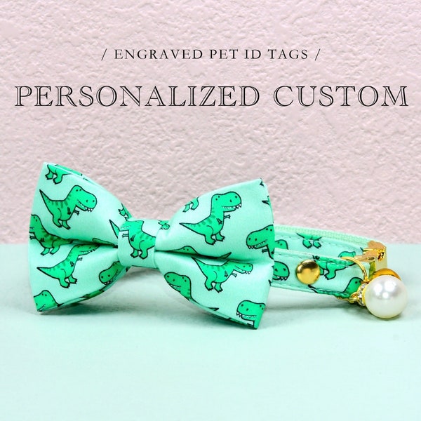 Cat Collar Bow, Personalized Custom Dinosaur Cat Collar Bow Tie, Green Dino Cat Collar Bowtie, Pet Cat ID, Kitten Collar, Small Dog Collar