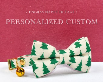 Pajarita de collar de gato personalizada para Navidad, árbol de Navidad, conjunto de pajarita de collar de gato verde personalizado, collar de gatito, pajarita de collar de perro pequeño