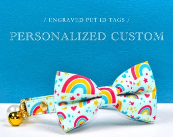 Cat Collar Bow, Personalized Custom Rainbow Cat Collar Bow Tie, Blue Cat Collar Bowtie, Pet Cat ID Tag, Small Dog Collar, Kitten Collar