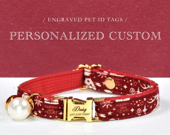 Collar de gato de Navidad, collar de gato personalizado, collar de gato rojo / campana y perla a juego / boda / gato + tamaños de perros pequeños