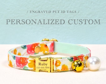 Cat Collar, Personalized Custom Pink Flower Cat Collar, Watercolor Cat Collar Bowtie, Small Dog Collar, Cat Lover Gift, Pet Cat ID