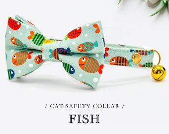 Sage Cat Collar Bow Set, Fish Pattern, Wedding / Birthday Cat Collar, Safety Breakaway Kitten Collar Bowtie, Green Cat Collar Bow