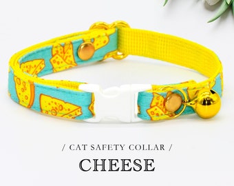 Cat Collars, Cheese Foodie, Cyan & Yellow, Wedding / Birthday Cat Collar Accessories, Breakaway Safety Kitten Collar, Small Dog Collar
