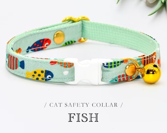 Sage Green Cat Collar, Fish Pattern, Safety Breakaway Buckle