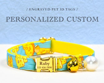 Cat Collar, Personalized Custom Cheese Cat Collar, Foodie Cat Collar Bowtie, Small Dog Collar, Cat Lover Gift, Pet Cat ID, Kitten Collar