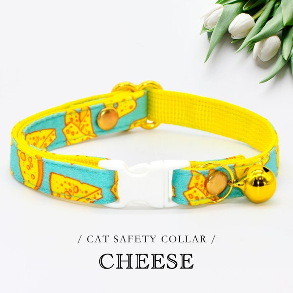 Cat Collars, Cheese Foodie, Cyan & Yellow, Wedding / Birthday Cat Collar Accessories, Breakaway Safety Kitten Collar, Small Dog Collar