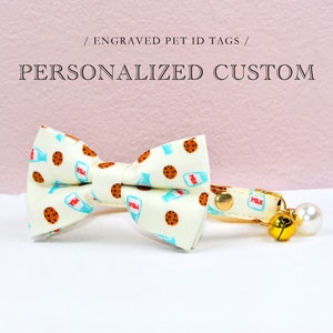 Nœud papillon pour collier de chat, Biscuits et lait, Nœud papillon personnalisé pour collier de chat, Collier pour petit chien, Médaille d'identification pour chat, Collier pour chaton