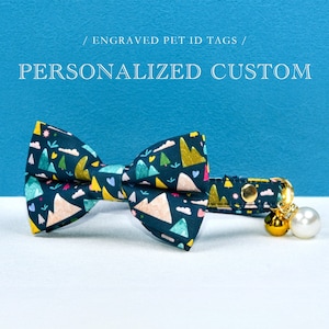 Noeud de collier chat bleu marine, montagne, noeud papillon collier chat personnalisé personnalisé, noeud papillon collier chat bleu, médailles d'identification pour chat, collier chaton