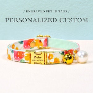 Collier pour chat, collier de chat personnalisé personnalisé fleurs roses, aquarelle collier de chat noeud papillon, collier petit chien, cadeau pour amoureux des chats, carte d'identité de chat