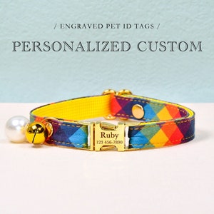 Kariertes Katzenhalsband, personalisiertes benutzerdefiniertes kariertes Katzenhalsband, kariertes Katzenhalsband Fliege, kleines Hundehalsband, Katzenliebhaber Geschenk, Haustierkatze ID, Kätzchenhalsband