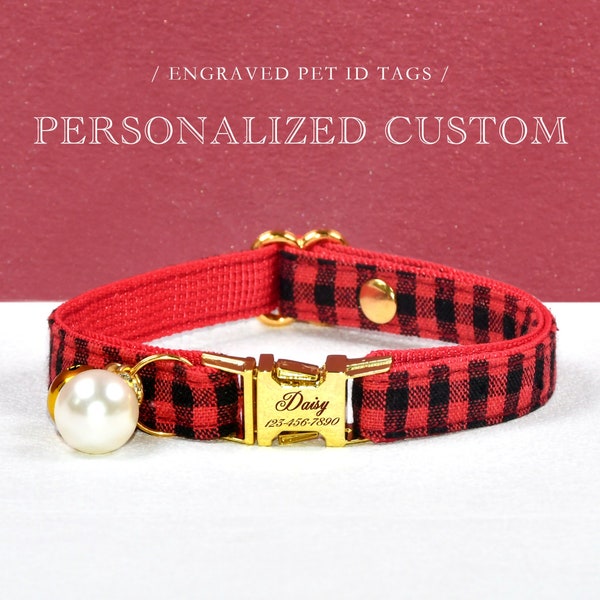 Buffalo Plaid Cat Collar, Personalized Custom Cat Collar, Red Cat Collar / Matching Bell and Pearl  / Wedding / Cat + Small Dog Sizes