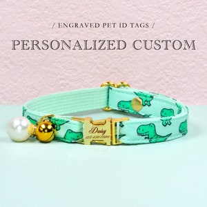 Dinosaur Cat Collar, Personalized Custom Green Dino Cat Collar, Pet Cat ID Tages, Kitten Collar, Small Dog Collar, Cat Lover Gift