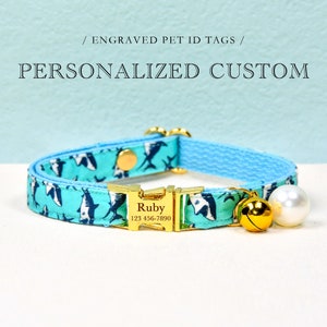 Collier personnalisé pour chat avec requin, bleu, cadeau pour amoureux des chats, carte d'identité pour chat, collier pour chaton, collier Glod pour chat, collier pour petit chien