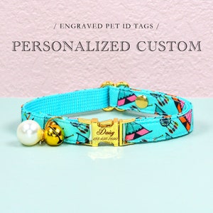 Collier pour chat, collier de chat de camping personnalisé, collier pour chat bleu bohème, collier pour petit chien, carte d'identité pour chat, collier pour chaton, cadeau pour amoureux des chats
