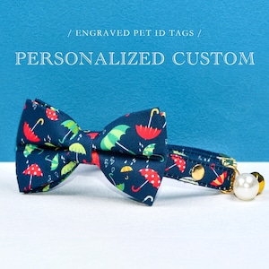 Ensemble noeud papillon collier chat bleu marine, Nœud papillon collier chat personnalisé personnalisé, parapluies bleus, collier petit chien, médailles d'identification pour chat, collier chaton