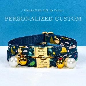 Collier pour chat bleu marine, collier pour chat personnalisé, carte d'identité pour animal de compagnie, collier pour chat en or, colliers pour chaton, collier bleu marine pour chat + collier pour petit chien