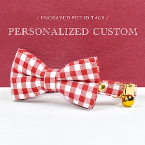 Buffalo Plaid Cat Collar Bow, Personalized Custom Cat Collar Bowtie, Cat Collar / Matching Bell and Pearl  / Wedding / Cat + Small Dog Sizes