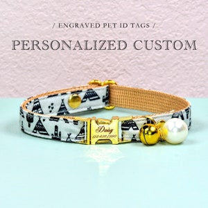 Collier pour chat, collier de chat de camping personnalisé, Bohême, collier de chat gris, collier pour petit chien, carte d'identité de chat, collier pour chaton, cadeau pour amoureux des chats