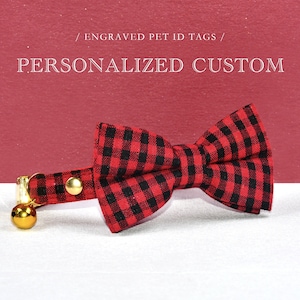 Buffalo Plaid Cat Collar Bow, Personalized Custom Cat Collar Bowtie, Cat Collar / Matching Bell and Pearl  / Wedding / Cat + Small Dog Sizes