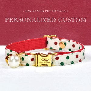 Christmas Dot Cat Collar, Personalized Custom Cat Collar, Cat Collar / Matching Bell and Pearl  / Wedding / Cat + Small Dog Sizes
