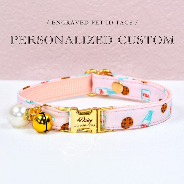 Cat Collar, Personalized Custom Cat Collar, Cookies Cat Collar, Milk Cat Collar, Cat Lover Gift, Pet Cat ID, Kitten Collar, Pink Cat Collar