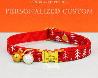 Christmas Cat Collar, Personalized Custom Red Cat Collar Bow / Flower, Pet Cat ID Tages, Kitten Collar, Small Dog Collar, Red Pine