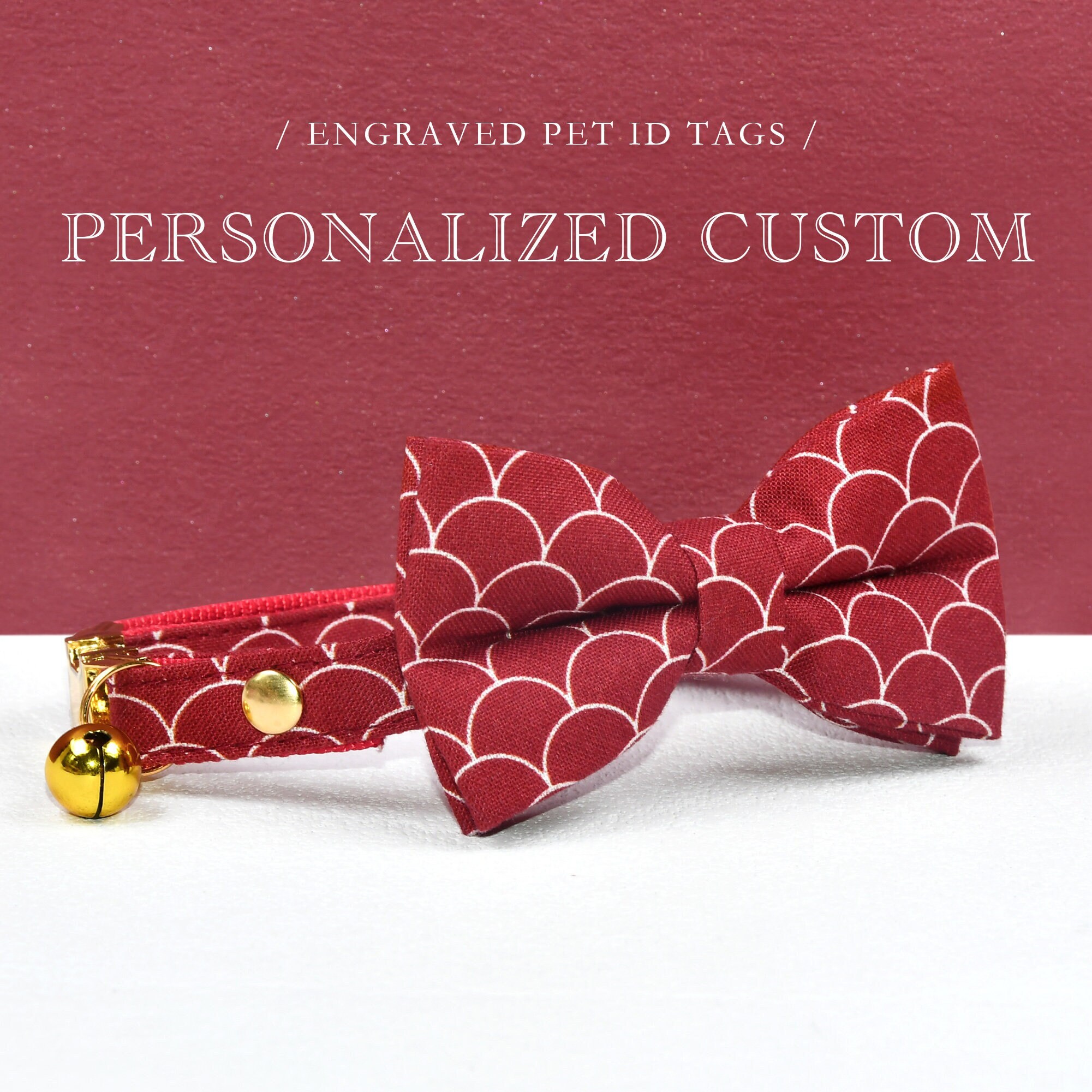 Lazo para collar de gato navideño, pajarita personalizada para collar de gato, collar rojo para gato, campana y perla a juego, boda, tamaños de gato y perro pequeño