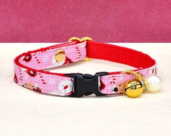 Cat Collar, Pink Christmas Deer, Breakaway Kitten Collar Bow with Bell Pearl