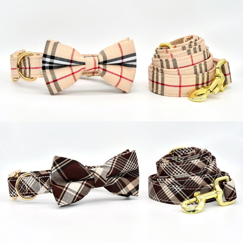 May include: Two dog collars and bow ties. One set is brown and white plaid, the other is beige and red plaid.