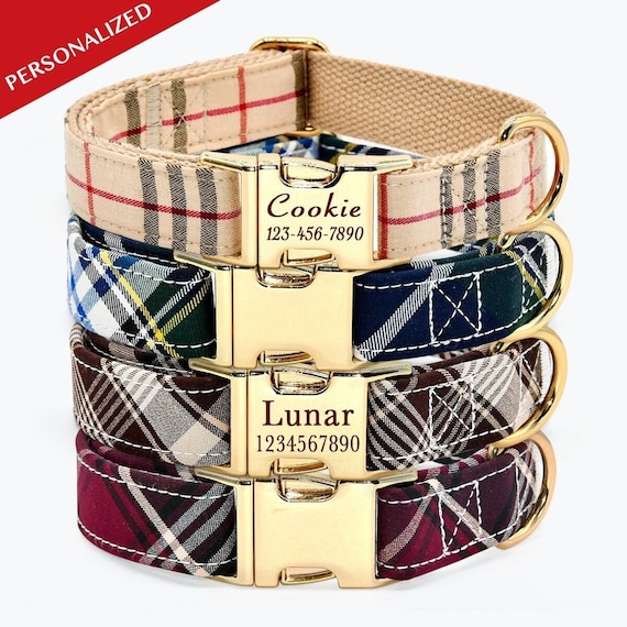 Personalized Dog Bow Tie Collars Leash, Pet ID Collar, Wedding / Birthday Dog Accessory, Classic Plaid, Puppy / Small / Medium / Large Dogs