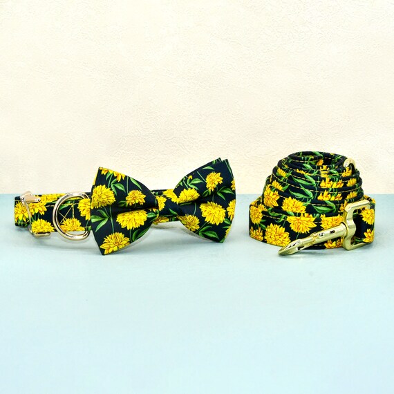 Hundehalsband Mit Abnehmbarer Fliege – Gelbe Chrysanthemen, Größe XS (20-30 Cm), Für Hochzeit & Feiern