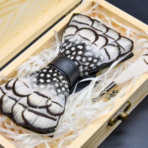 White Feather Bow Tie Brooch Set, Handmade Feathered Bowtie