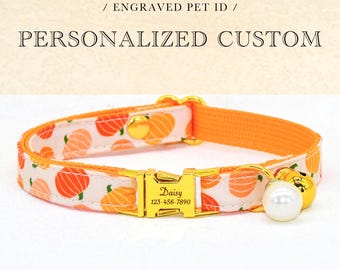 Halloween Pumpkin Cat Collar, Personalized Custom Kitten / Puppy / Small Dog Collar Bowtie, Fall Colors