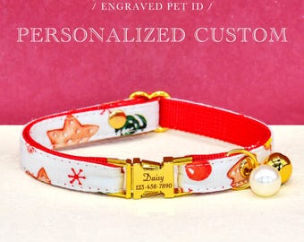 Personalized Christmas Cat Collar, Red and White, Matching Bell and Pearl