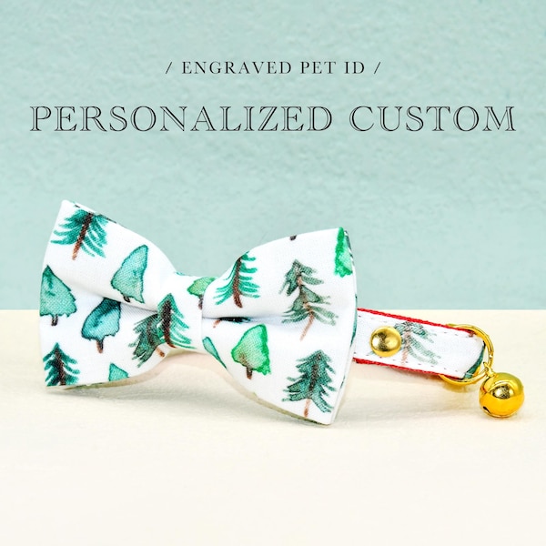 Personalized Christmas Cat Collar Bow Tie, Christmas Tree, Custom Green Cat Collar Bow Tie Set,  Kitten Collar, Small Dog Collar Bow