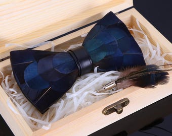 Blue Feather Bow Tie with Brooch: Handmade Wedding Groomsman Outfit
