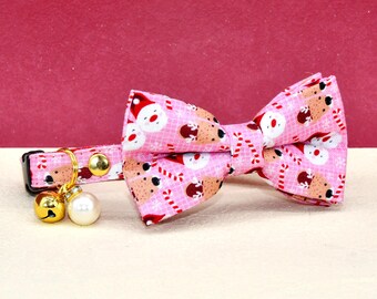 Cat Collar Bowtie, Pink Christmas Deer, Breakaway Kitten Collar Bow with Bell Pearl