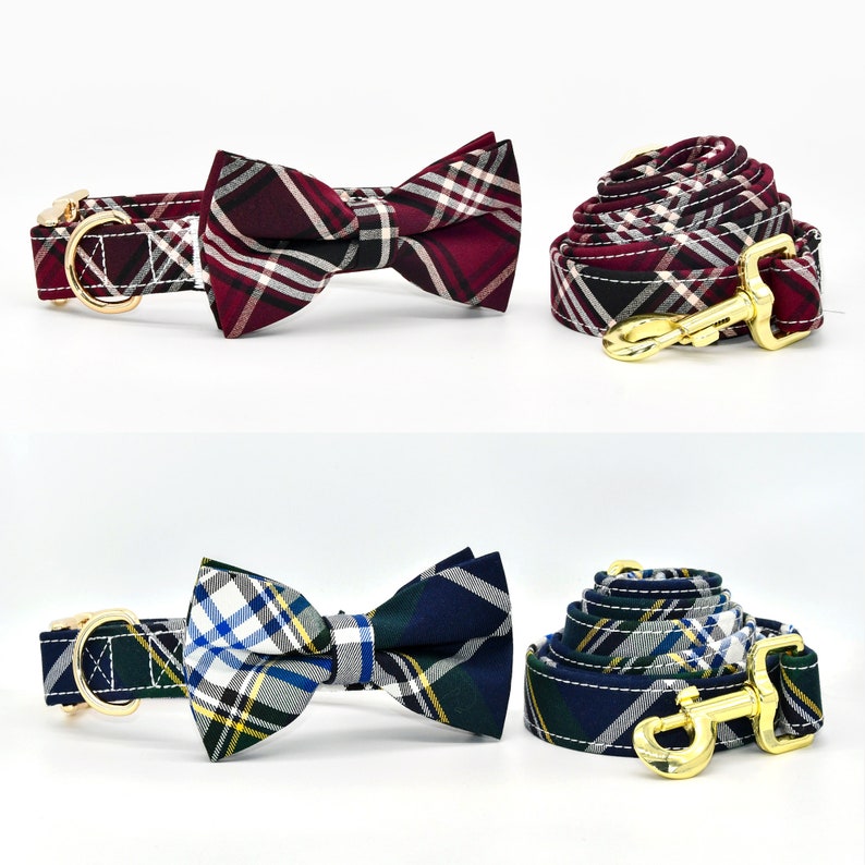 May include: Two dog collars and bow ties. The first set is red and black plaid with a gold buckle and matching bow tie. The second set is blue, green, and white plaid with a gold buckle and matching bow tie.