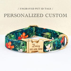 Personalized Custom Dog Collar Bow Leash, Summer Green Floral, Wedding / Birthday Bowtie for Dogs
