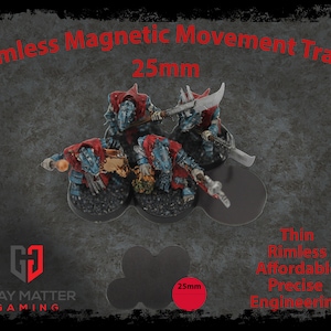 May include: Three blue and red miniature figures on a black, 25mm, rimless magnetic movement tray. The tray is designed for tabletop gaming.