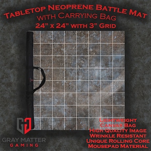 May include: A 24 inch by 24 inch neoprene battle mat with a 3 inch grid, featuring a distressed concrete texture. The mat comes with a carrying bag.  The mat is designed for tabletop gaming and is made of a durable, wrinkle-resistant material.