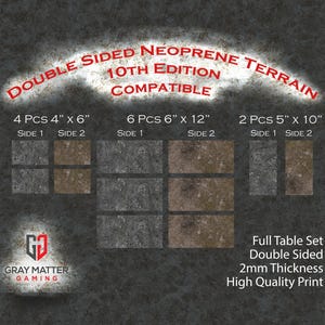 May include: Double-sided neoprene terrain set for tabletop gaming. Includes multiple pieces in various sizes: 4 pieces at 4" x 6", 6 pieces at 6" x 12", and 2 pieces at 5" x 10". Features a high-quality print with a 2mm thickness.