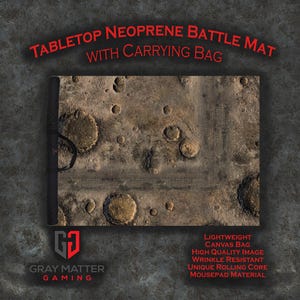 May include: A tabletop neoprene battle mat with a carrying bag. The mat features a detailed, textured design in shades of brown and tan, resembling a terrain map. The text "TABLETOP NEOPRENE BATTLE MAT WITH CARRYING BAG" is in red. The bag is black.