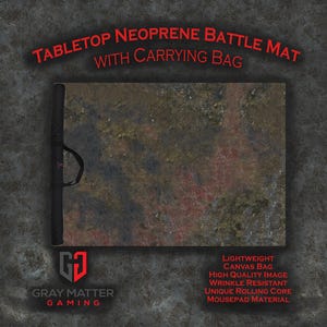 May include: Tabletop neoprene battle mat with carrying bag. The mat has a brown, red, and gray terrain design. The black carrying bag is on the left side. The text on the image says "Gray Matter Gaming".
