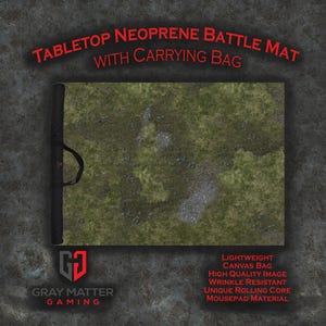 May include: A rectangular neoprene tabletop battle mat featuring a green and brown mossy terrain print with rocky patches. A black carrying bag is included. Text reads: TABLETOP NEOPRENE BATTLE MAT WITH CARRYING BAG, GRAY MATTER GAMING, LIGHTWEIGHT CANVAS BAG, HIGH QUALITY IMAGE, WRINKLE RESISTANT, UNIQUE ROLLING CORE, MOUSEPAD MATERIAL.
