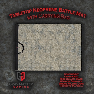 May include: A rectangular tabletop neoprene battle mat featuring a beige and gray stone tile pattern, accompanied by a black carrying bag. The text reads TABLETOP NEOPRENE BATTLE MAT WITH CARRYING BAG, GRAY MATTER GAMING, and lists features like lightweight canvas bag.